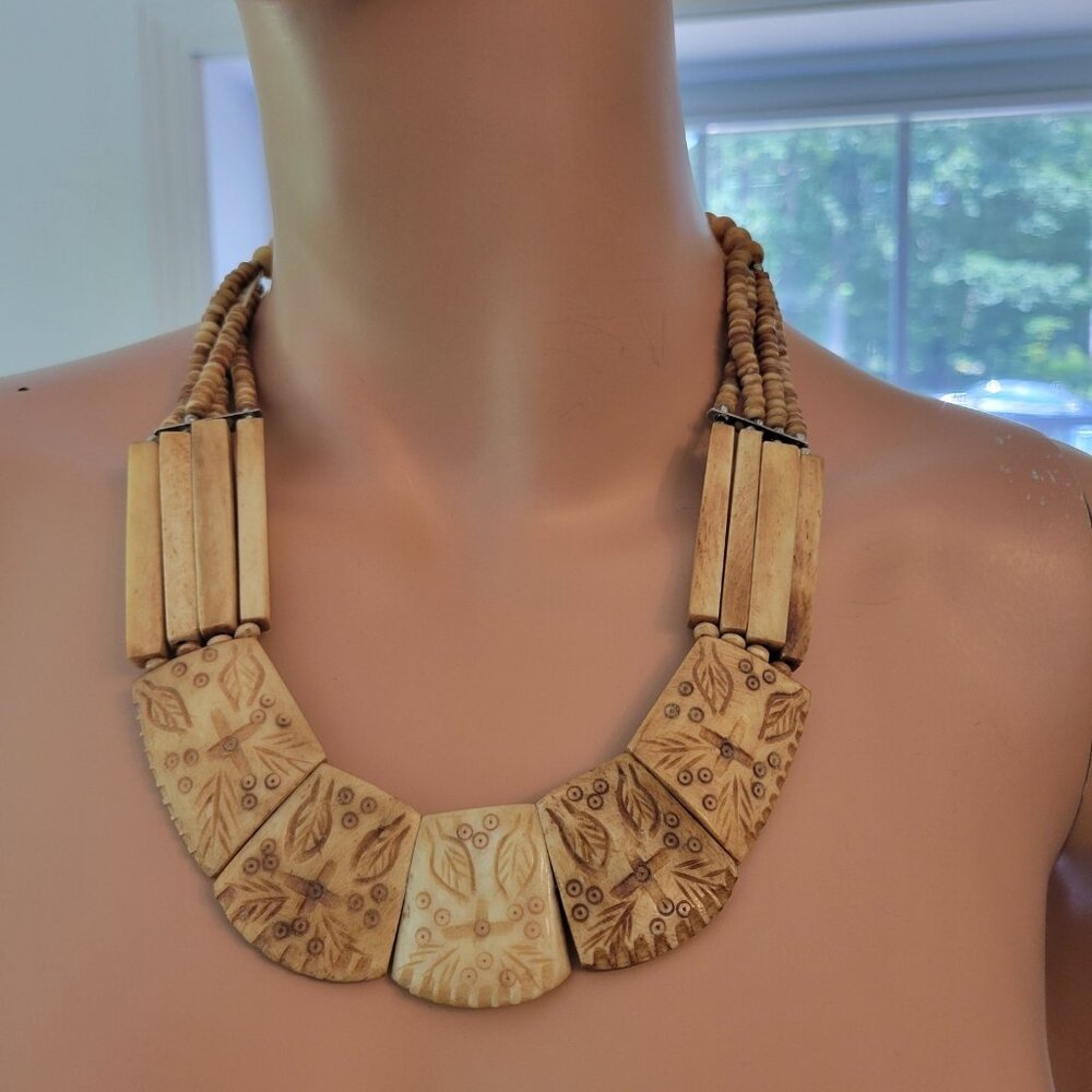 Vintage Hand Carved Tribal Necklace Ethnic Beads Statement Jewelry 18 Inch - Picture 9 of 10